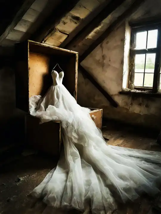 altes Hochzeitskleid auf dem Dachboden, AI erzeugt