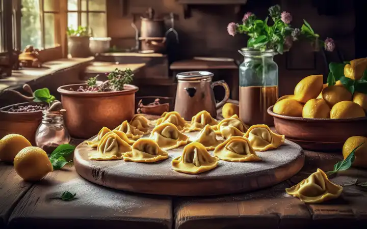 fresh tortellini with ingredients generated in a rustic kitchen, ki