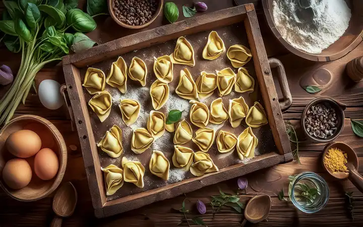 fresh tortellini with ingredients generated in a rustic kitchen, ki