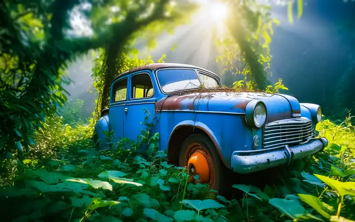 an old rusty car stands abandoned in the forest, AI generated
