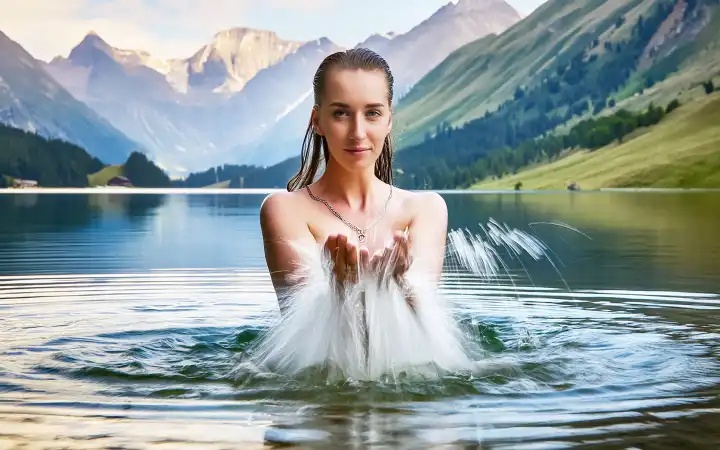 eine Frau im Wasser eines Bergsees, die Wassergymnastik macht, AI generiert