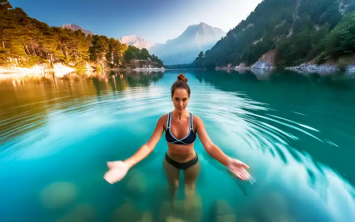 eine Frau im Wasser eines Bergsees, die Wassergymnastik macht, AI generiert