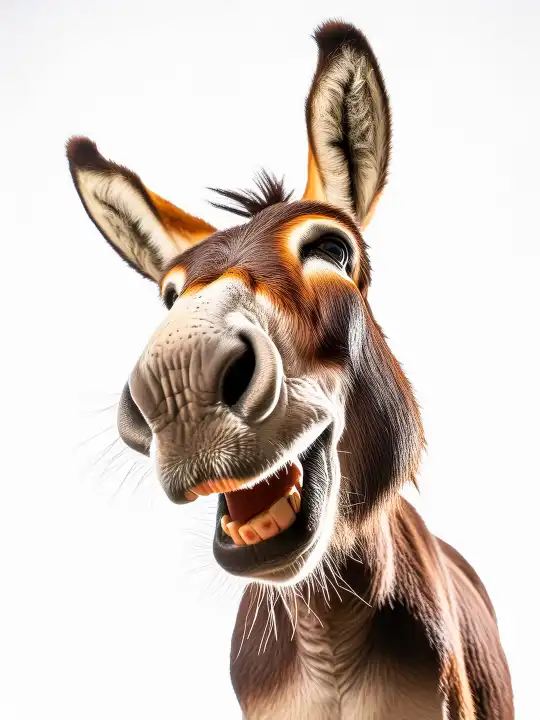 Portrait of a heartily laughing donkey on a white background, AI generated