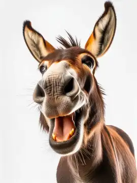 Portrait of a heartily laughing donkey on a white background, AI generated