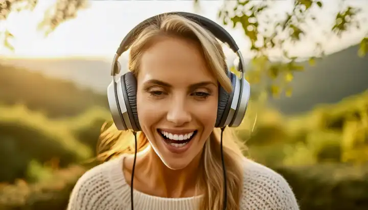 junge Frau mit Kopfhörern singt fröhlich ein Lied, AI generiert