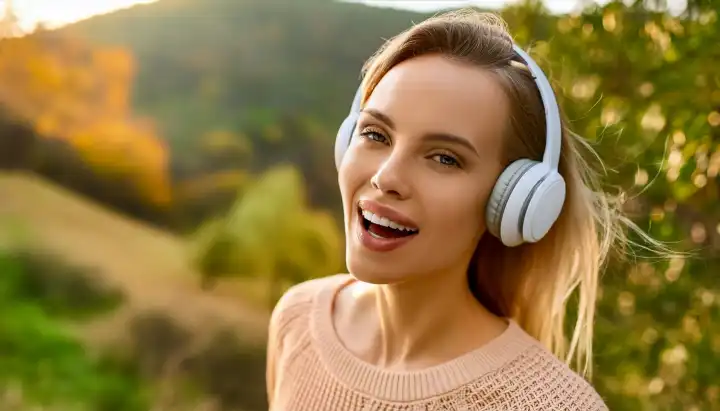 young woman with headphones happily sings a song, AI generated