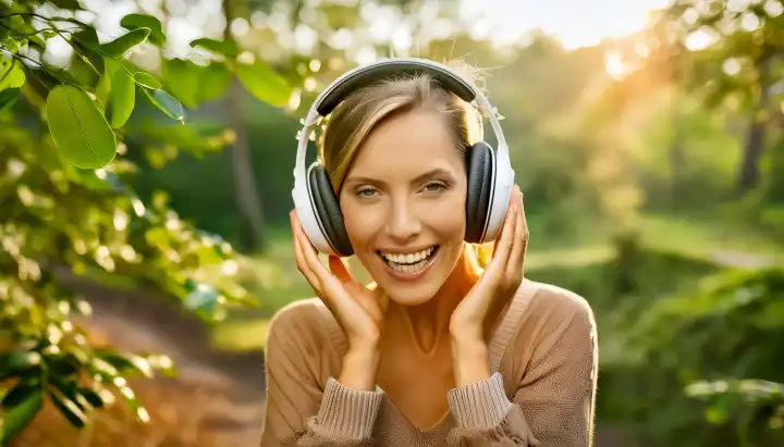 Young woman with headphones happily sings a song, AI generated