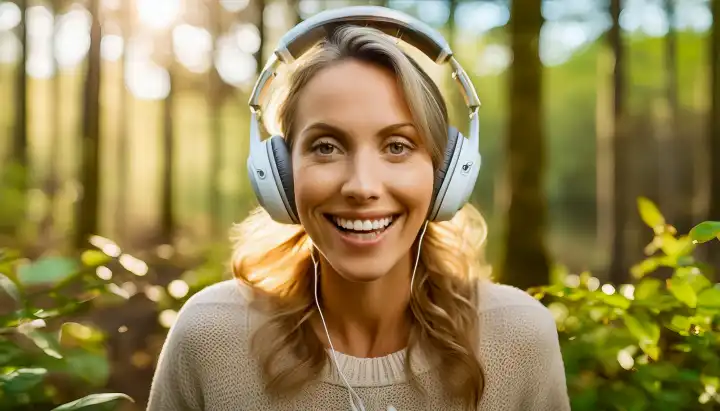 junge Frau mit Kopfhörern singt fröhlich ein Lied, AI generiert
