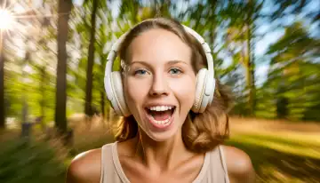 young woman with headphones happily sings a song, AI generated