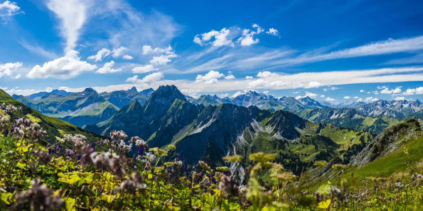 Bergpanorama vom Laufbacher-Eckweg zur Höfats, 2259m, Allgäuer Alpen, Allgäu, Bayern, Deutschland, Europa