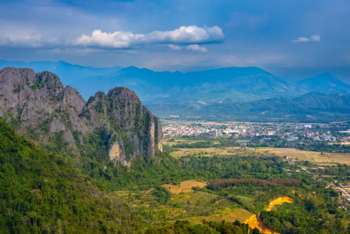 Panorama from Pha Ngern View Point of Vang Vieng and the Kart landscape, Vientiane Province, Laos, Asia
