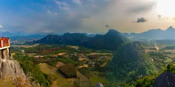 Panorama from Pha Ngern View Point of Vang Vieng and the Kart landscape, Vientiane Province, Laos, Asia