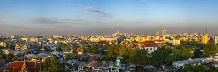 Panorama at sunrise from Golden Mount, Bangkok skyline, Thailand, Asia