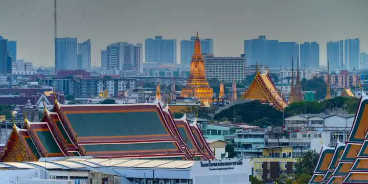 Panorama from Golden Mount to the illuminated Wat Ratchabophit, Wat Rachapradit, Wat Pho and Wat Arun, Bangkok, Thailand, Asia