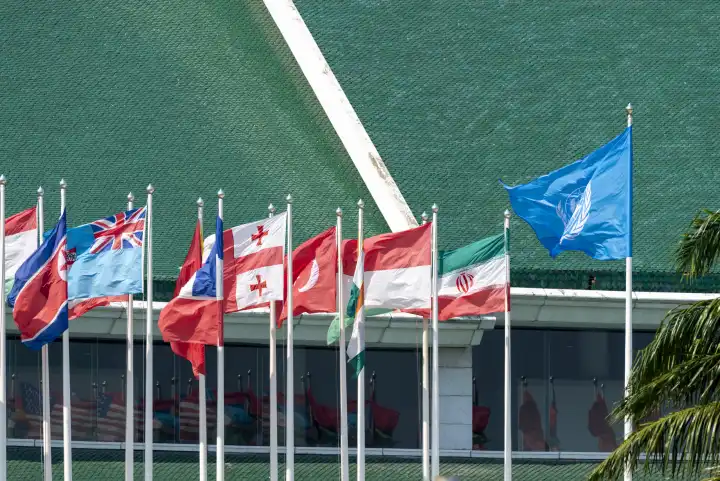 Many flags in front of the United Nations Conference Center, Bangkok, Thailand, Asia