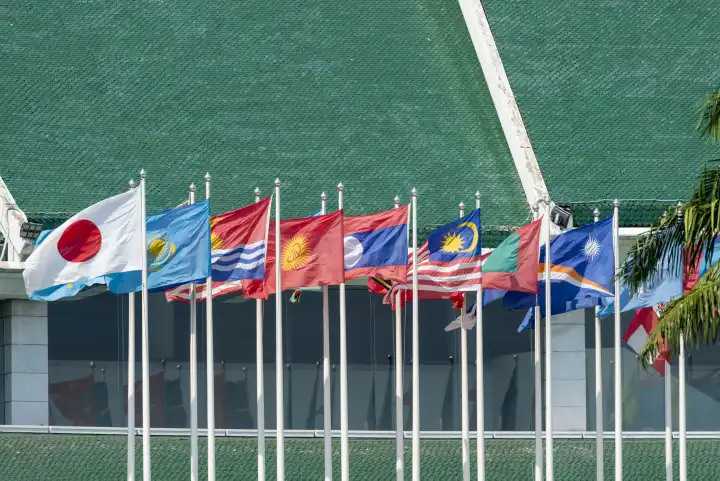 Many flags in front of the United Nations Conference Center, Bangkok, Thailand, Asia