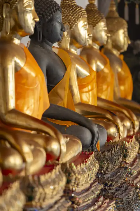Vergoldete Buddhastatuen (Bhumispara-mudra: Buddha Gautama im Augenblick der Erleuchtung), Wat Pho, Bangkok, Thailand, Asien