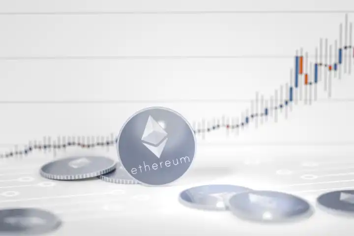 3d rendering of some ethereum coins on a chart background