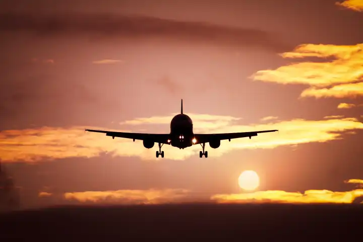 An image of a plane in the sunset sky