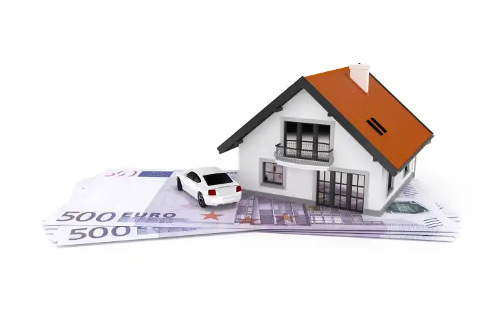A house and a car above 500 Euro banknotes