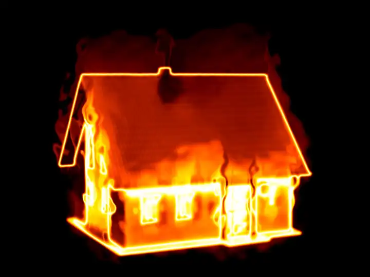 An illustration of a house on fire