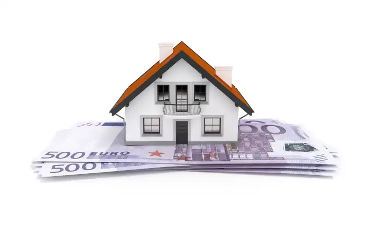 An image of a house above 500 Euro banknotes