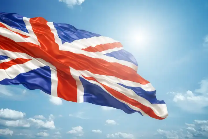An image of the union jack in the blue sky