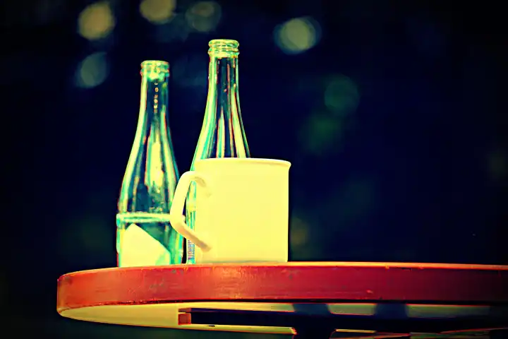 Flaschen und Becher auf einem Gartentisch