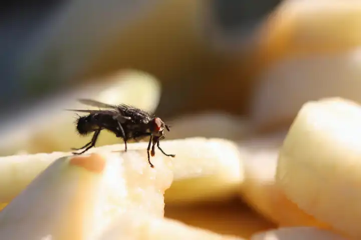 Fliege auf Apfelstücken
