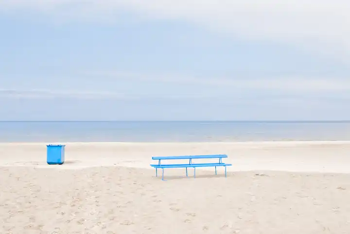Beach and blue bench, Jurmala, Riga, Lettland