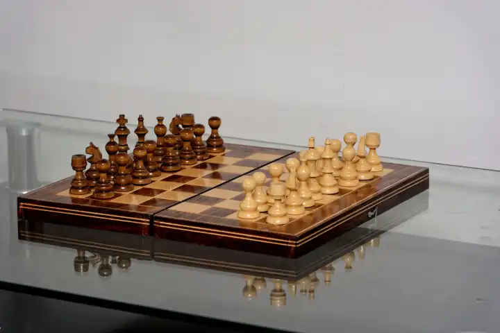 Wooden chess set on glass plate