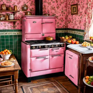 Retro kitchen in pink, generated with AI
