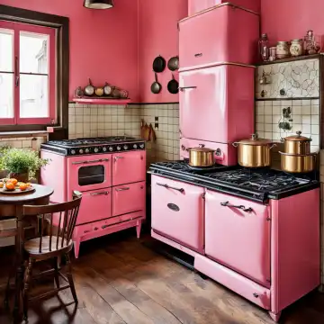 Retro kitchen in pink, generated with AI