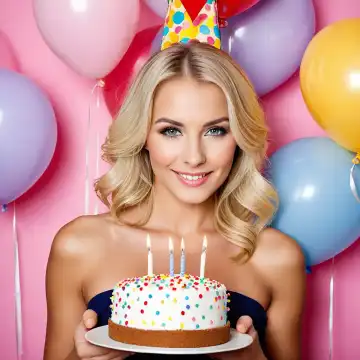 Blonde woman with cake, generated with AI