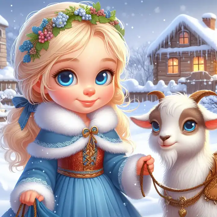 Mädchen im Schnee mit Ziege, generiert mit KI