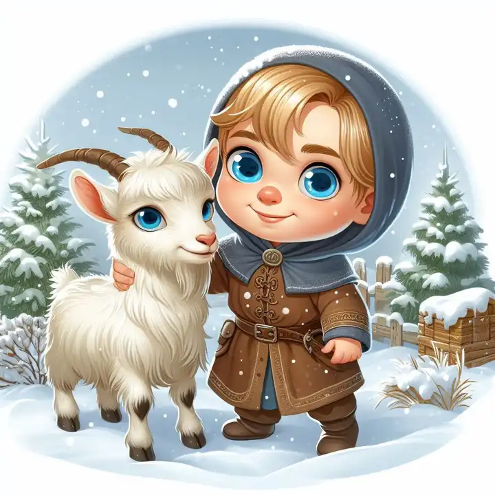 Junge im Schnee mit Ziege, generiert mit KI