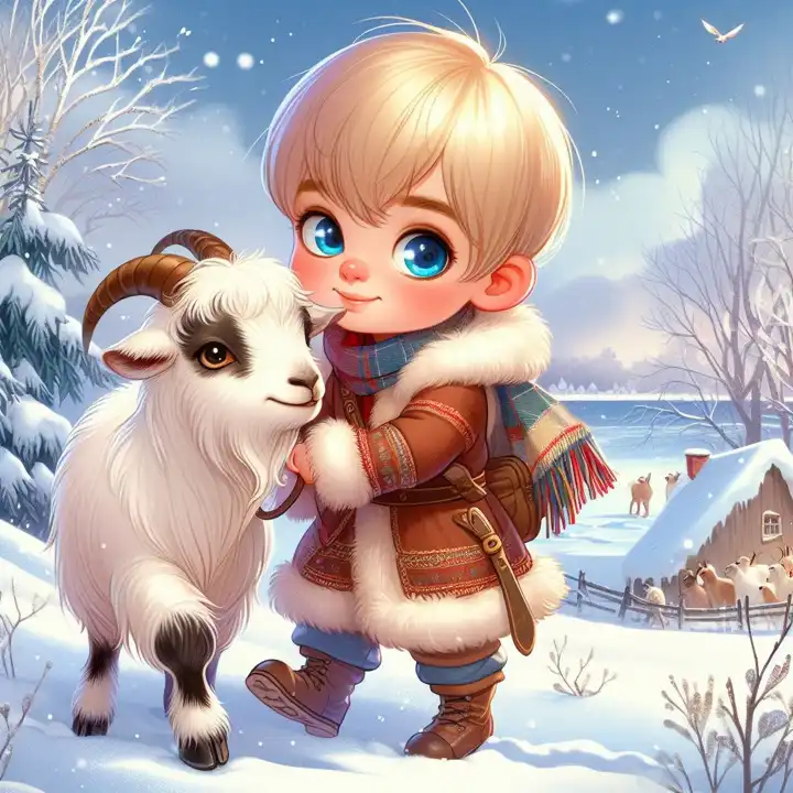 Junge im Schnee mit Ziege, generiert mit KI
