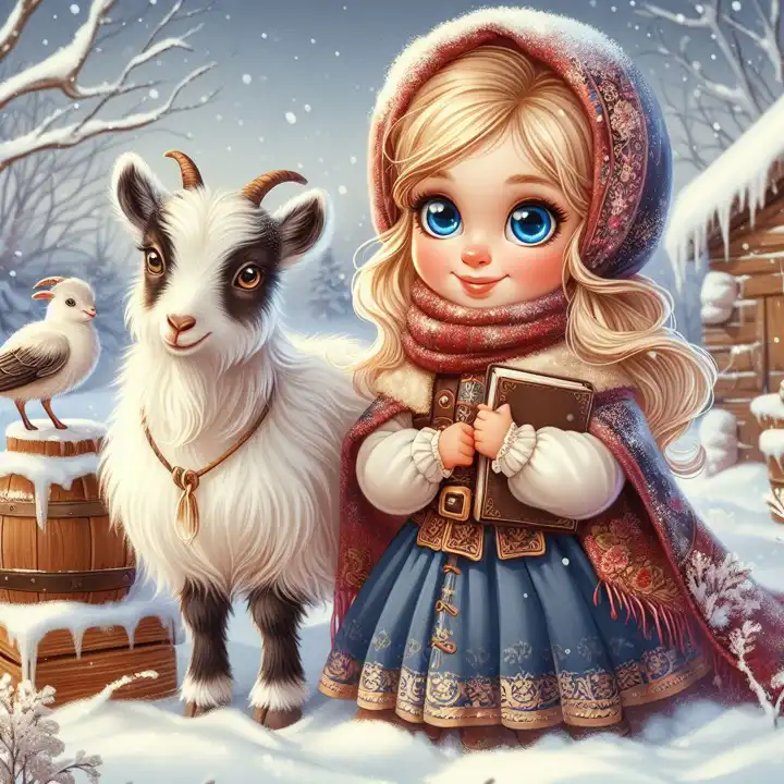 Mädchen im Schnee mit Ziege, generiert mit KI