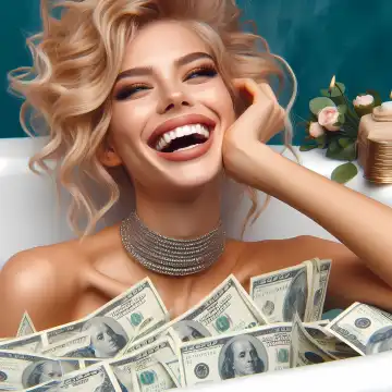 Woman bathes in money, generated with AI