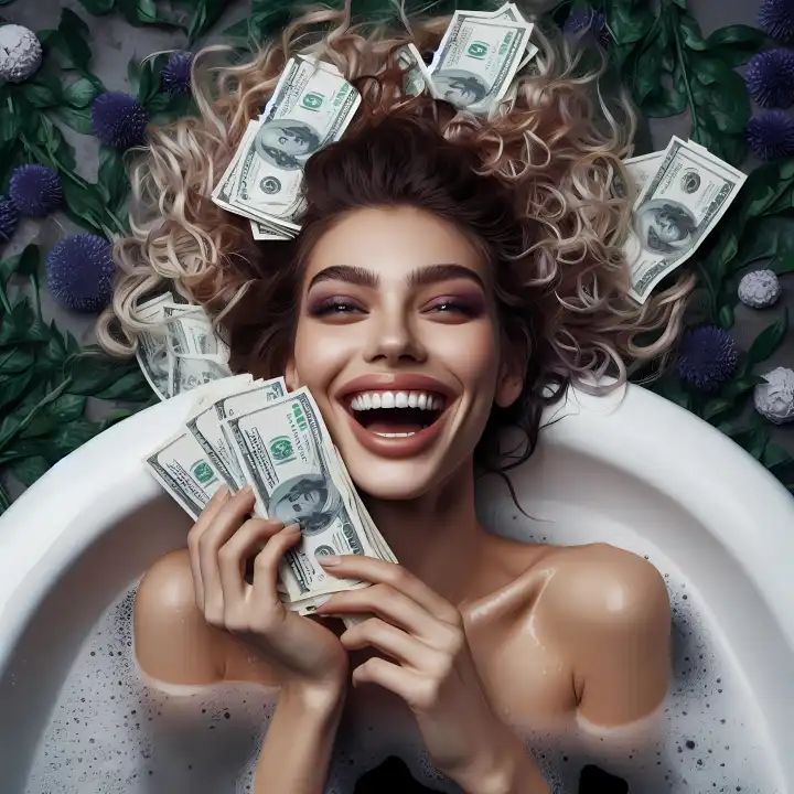 Woman bathes in money, generated with AI