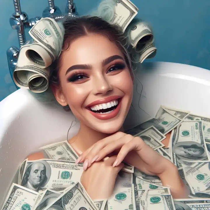 Frau badet in Geld, generiert mit KI