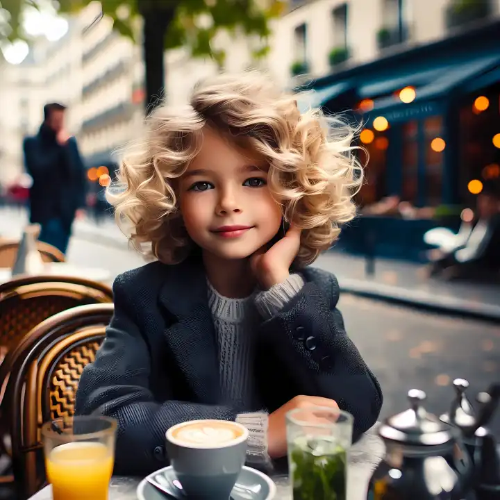Child in a street cafe, generated with AI
