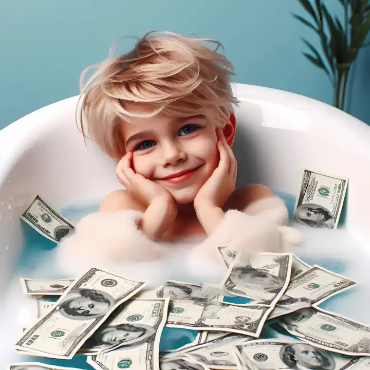Kind badet im Geld, generiert mit KI