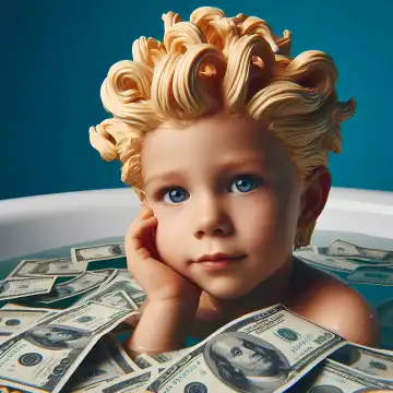 Child bathes in money, generated with AI