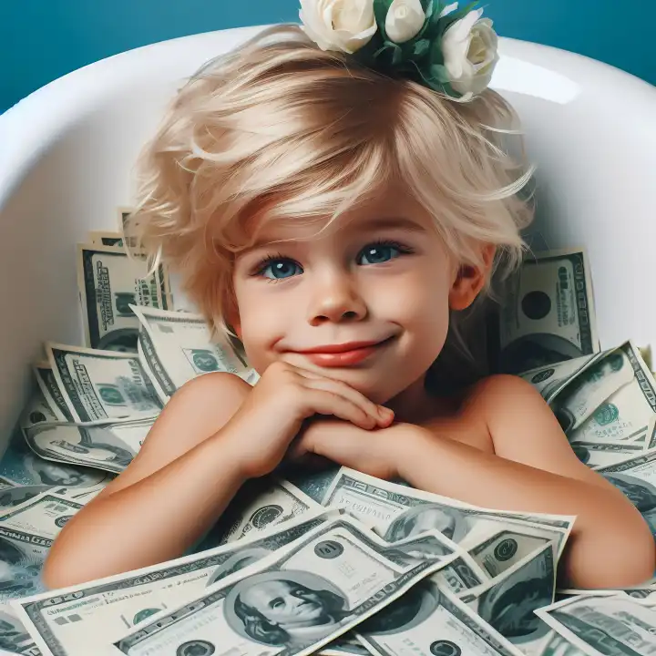 Kind badet im Geld, generiert mit KI