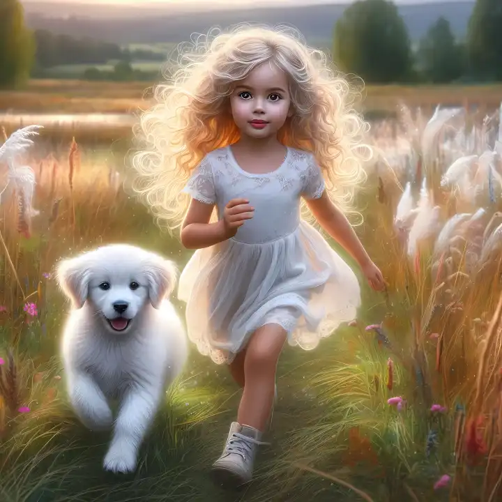 Kleines Mädchen mit Hund, generiert mit KI