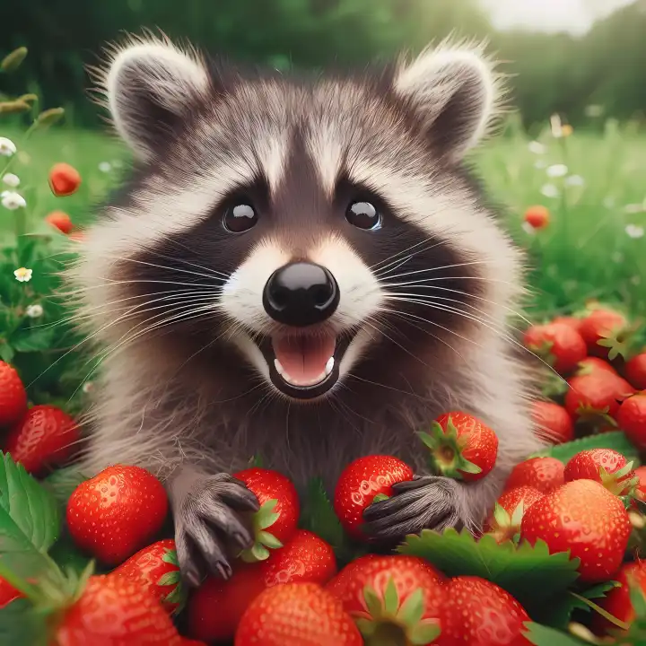 Raccoon with strawberries, generated with AI
