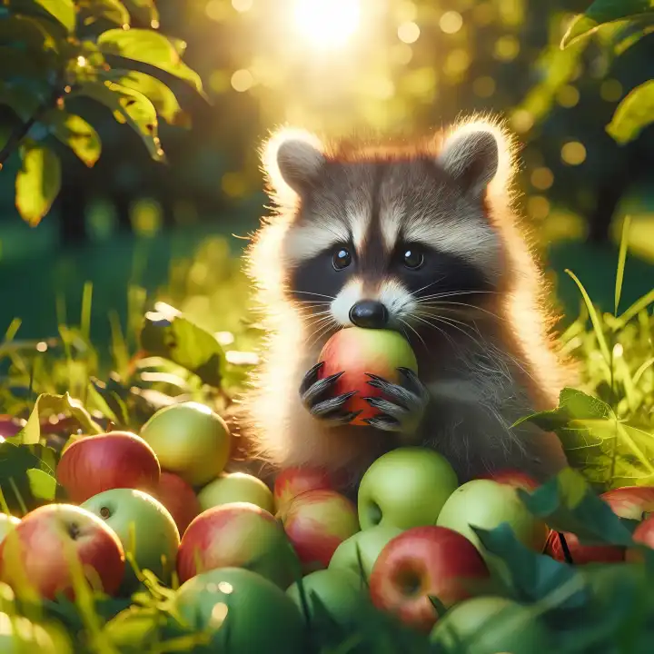 Raccoon with apple, generated with AI