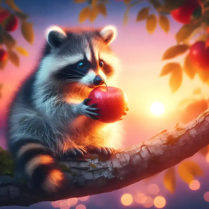 Raccoon with apple, generated with AI