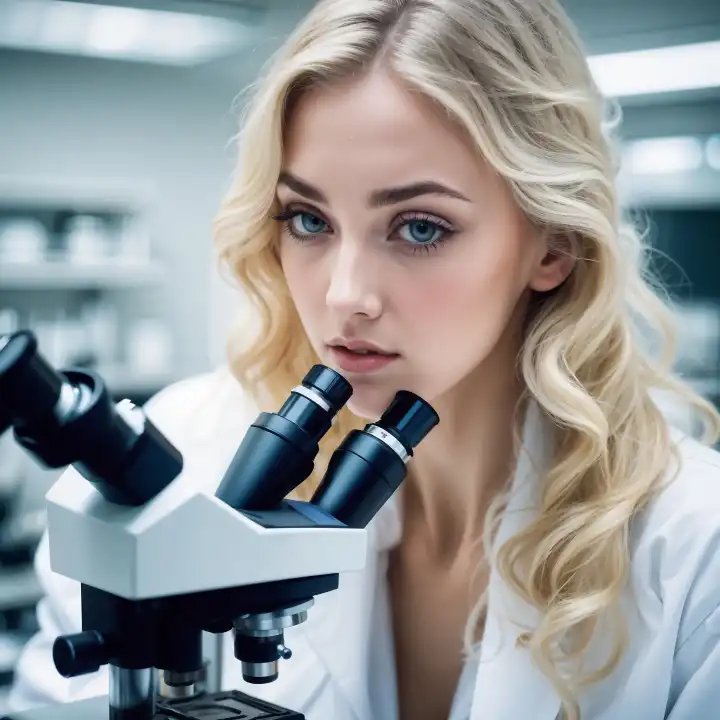 Frau mit Mikroskop, generiert mit KI